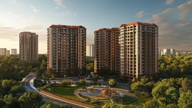Artist's impression of township with towers and open space, shown for Brigade Innovation Gardens