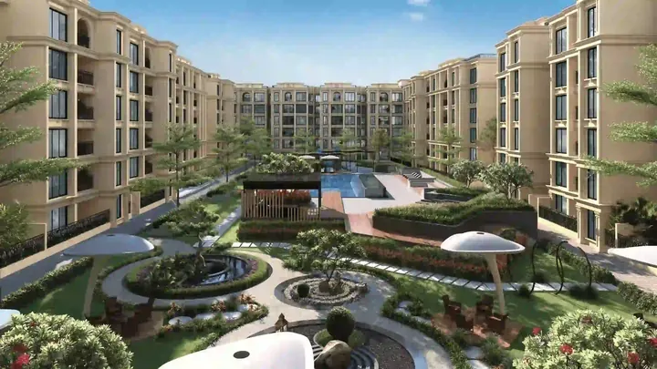 Artist's impression of township with towers and open space, shown for Brigade WTC Devanahalli